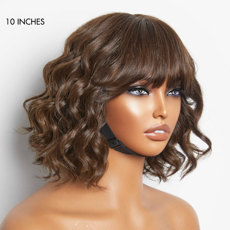 Beginner Friendly Brown Loose Wave Glueless Minimalist Lace Shoulder Length Wavy Bob Wig with Bangs