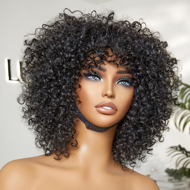 1 SEC INSTALL WIG | Shaggy Wolf Cut Throw On & Go Afro Curly Glueless Short Curly Wig with Bangs