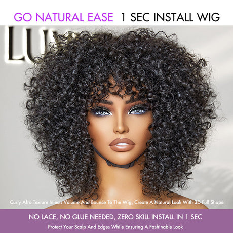 1 SEC INSTALL WIG | Shaggy Wolf Cut Throw On & Go Afro Curly Glueless Short Curly Wig with Bangs