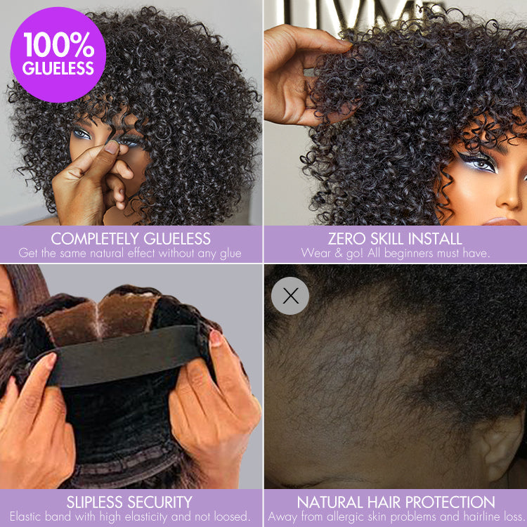 1 SEC INSTALL WIG | Shaggy Wolf Cut Throw On & Go Afro Curly Glueless Short Curly Wig with Bangs