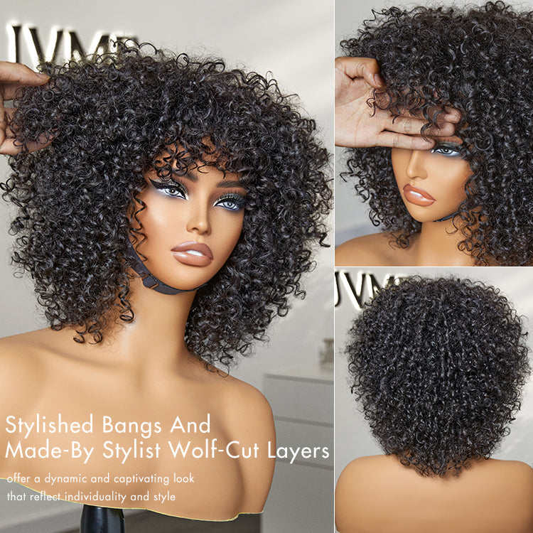 1 SEC INSTALL WIG | Shaggy Wolf Cut Throw On & Go Afro Curly Glueless Short Curly Wig with Bangs