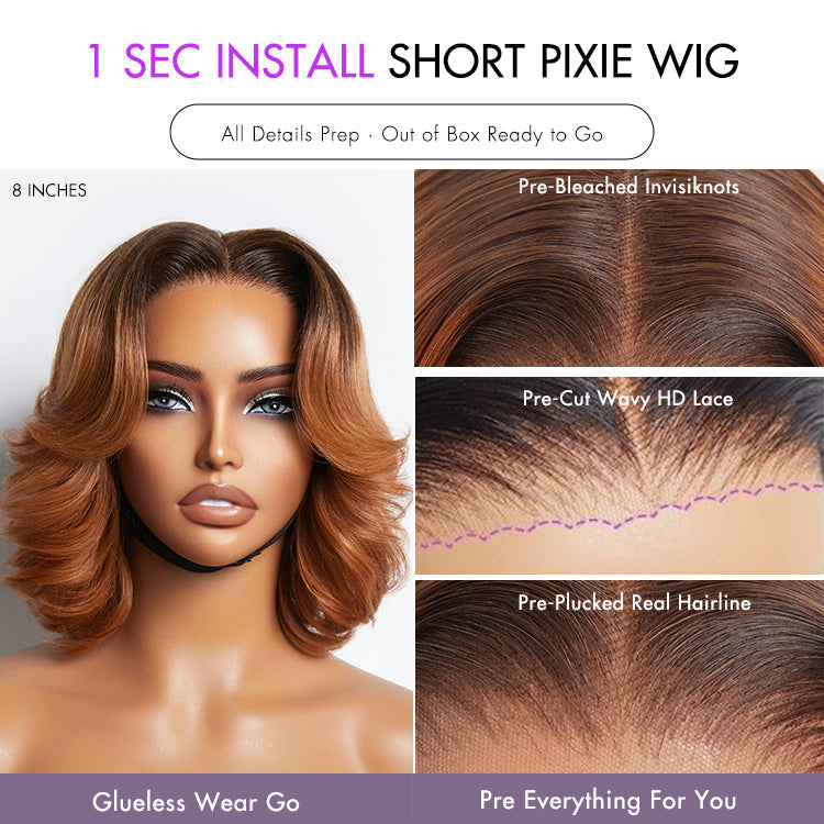 1 SEC INSTALL WIG | Elegant Boss Vibe Short Pixie Cut Natural Black / Ombre Brown Glueless Minimalist HD Lace Wig Ready to Go