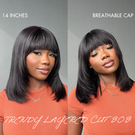 Put On and Go Reddish Purple / Brown Highlight / Natural Black Layered Cut Yaki Straight Minimalist Lace Bob Wig with Bangs