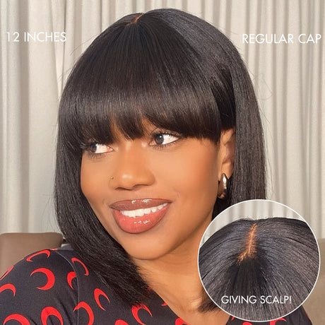 Put On and Go Reddish Purple / Brown Highlight / Natural Black Layered Cut Yaki Straight Minimalist Lace Bob Wig with Bangs