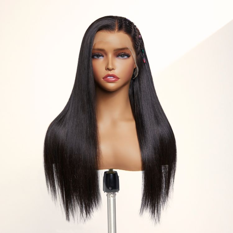 PreMax Wigs | 200% Density Natural Black Left Side Braids Straight 13x4 Frontal HD Lace Long Wig