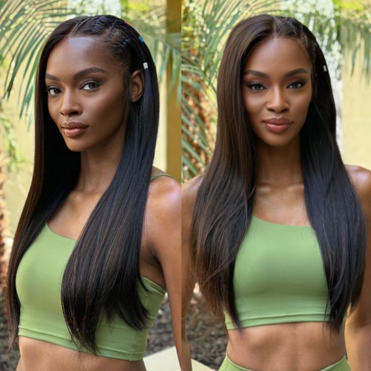 PreMax Wigs | 200% Density Natural Black Left Side Braids Straight 13x4 Frontal HD Lace Long Wig