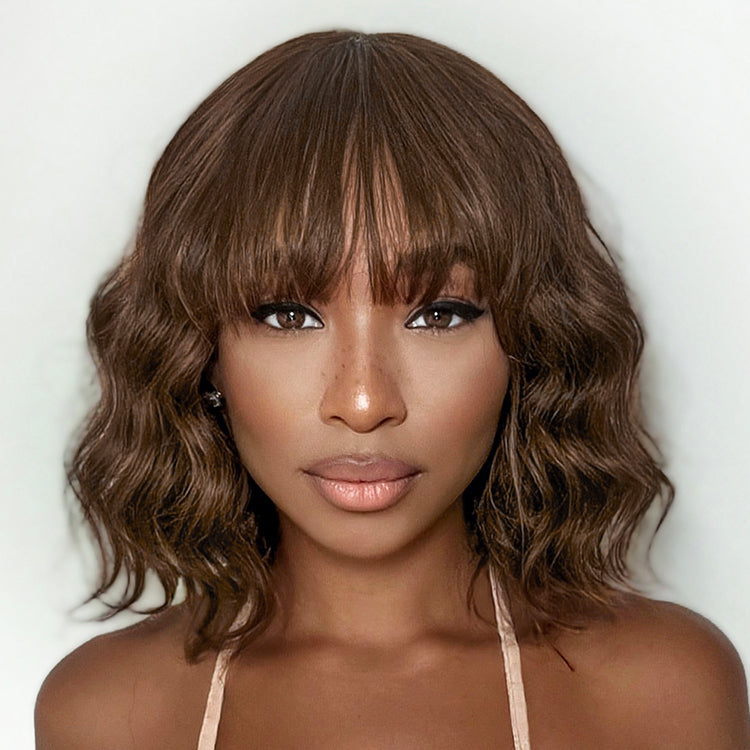 Beginner Friendly Brown Loose Wave Glueless Minimalist Lace Shoulder Length Wavy Bob Wig with Bangs