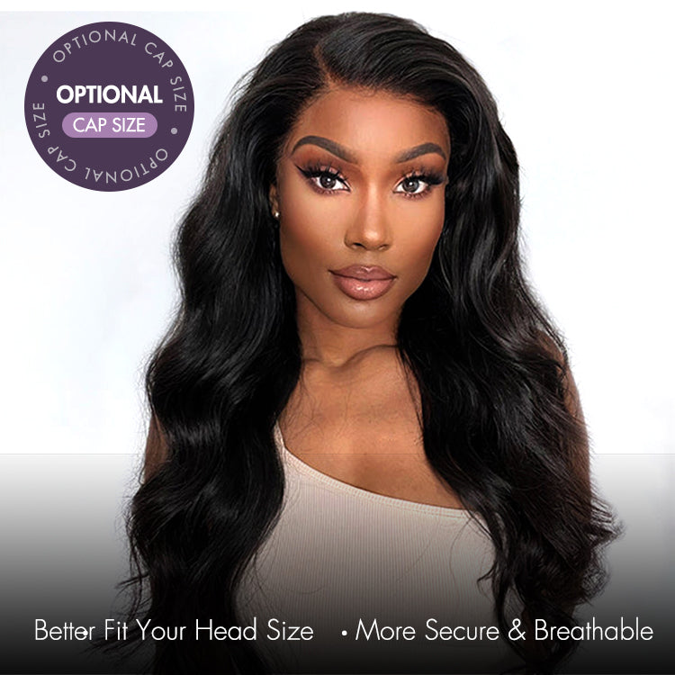 Natural Black Body Wave 13x4 Frontal HD Lace Glueless Side Part Long Wig 100% Human Hair | Large & Small Cap Size