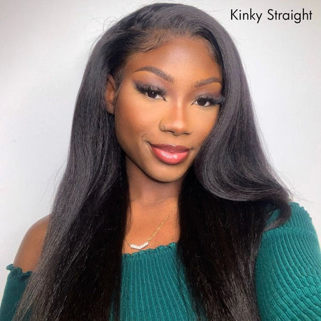 Natural Kinky Straight / Yaki Straight Glueless 5x5 Closure HD Lace Long Wig 100% Human Hair