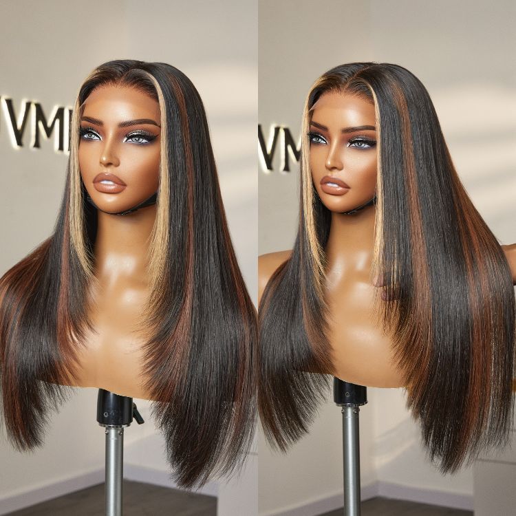 Luxurious Combo Color Highlights Layered Silky Straight Glueless 5x5 Closure Lace Long Wig