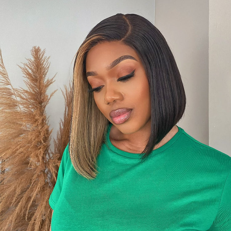 Blonde Highlight Silky Blunt Cut Bob C Part Glueless Minimalist Lace Wig