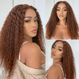 Light Chocolate Brown Kinky Curly Glueless 5x5 Closure Long Wig 100% Human Hair