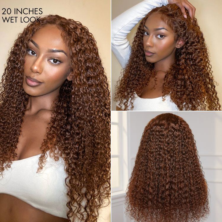 Light Chocolate Brown Kinky Curly Glueless 5x5 Closure Long Wig 100% Human Hair