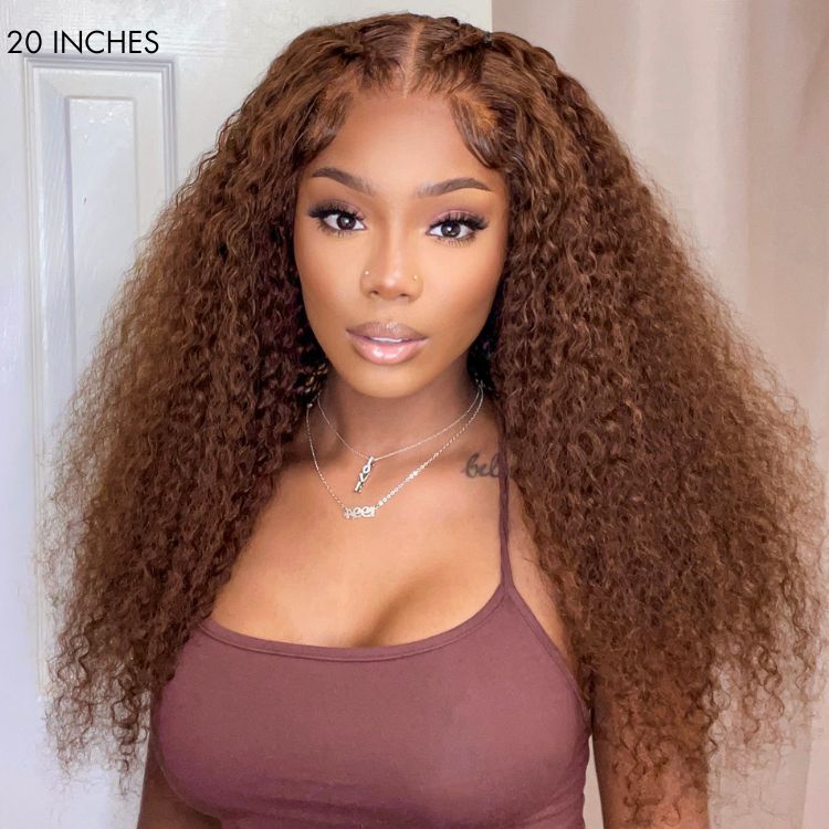 Light Chocolate Brown Kinky Curly Glueless 5x5 Closure Long Wig 100% Human Hair