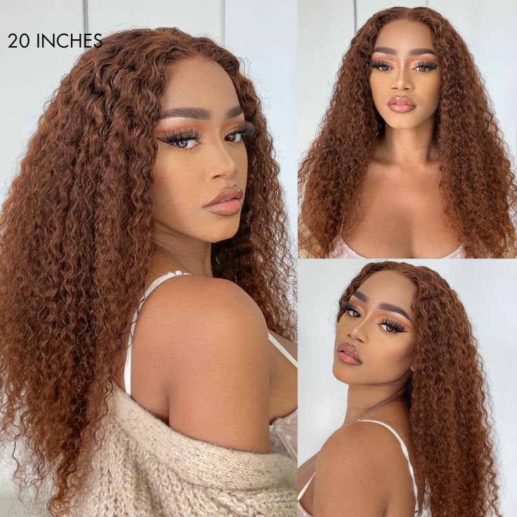 Light Chocolate Brown Kinky Curly Glueless 5x5 Closure Long Wig 100% Human Hair