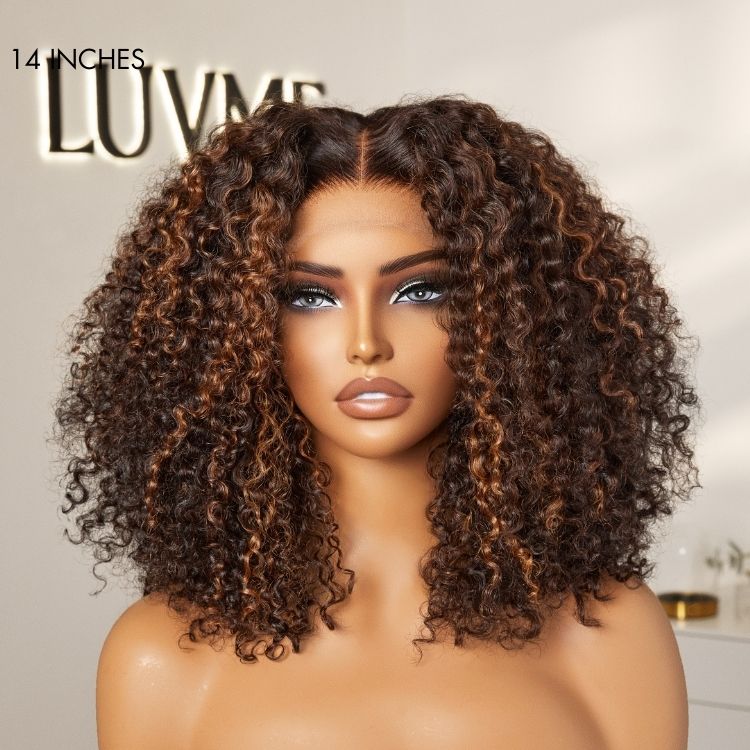 180% Density Copper Highlight Kinky Curly Glueless 5x5 Closure Lace Curly Wig