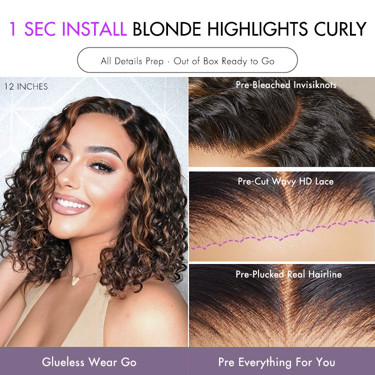 1 SEC INSTALL WIG | Casual Blonde Highlights Funmi Curly Glueless Minimalist HD Lace Short Curly Wig