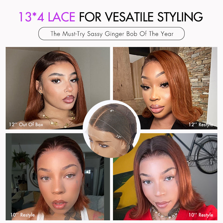 Ginger Ombre Silky Blunt Cut Glueless 13x4 Lace Front Short Bob Wig 100% Human Hair