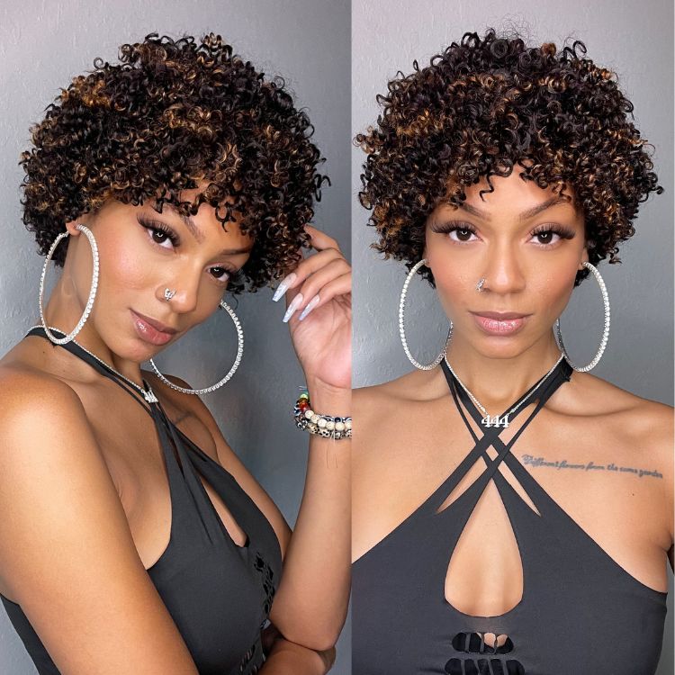 Dark Red / Blonde Highlights / Natural Black Afro Curls Glueless Ready to Go Wig Beginner Friendly