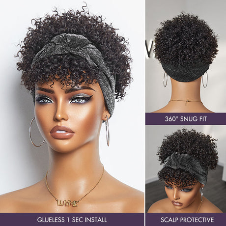 Throw On & Go Glueless Afro Headband Short Curly Wig with Detachable Bangs