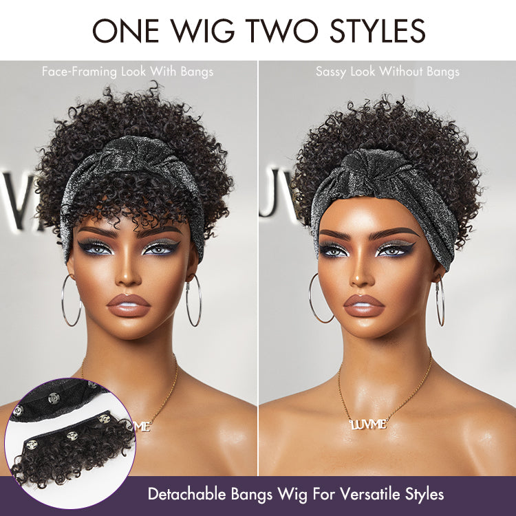 Throw On & Go Glueless Afro Headband Short Curly Wig with Detachable Bangs