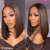 Newbie Only | Glueless Chestnut Brown Highlights Straight 4x4 Closure Bob Wig 100% Human Hair