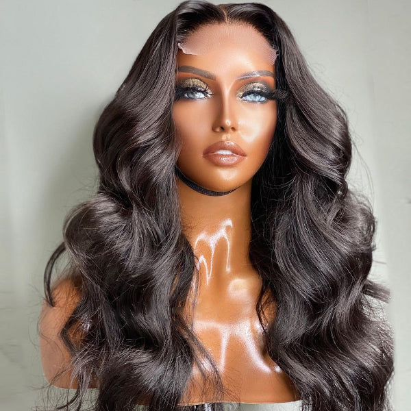 Super Easy Natural Black Body Wave 4x4 Closure Lace Glueless Mid Part Long Wig 100% Human Hair