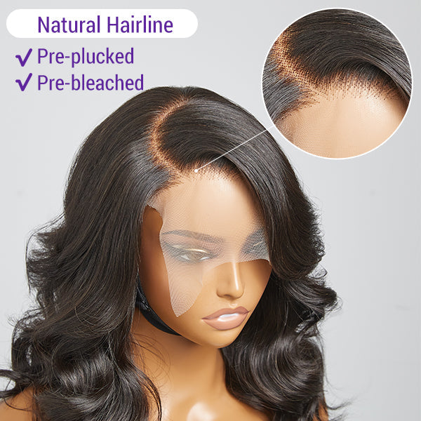 Layered Body Wave with Bangs 5x5 Closure Lace Glueless C Part Long Wig 100% Human Hair