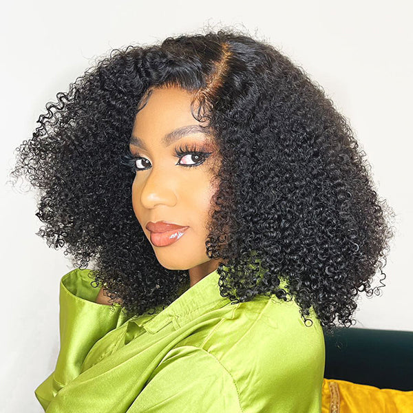 Afro Kinky Curly 5x5 Closure Lace Glueless S Part Shoulder Length Wig 100% Human Hair