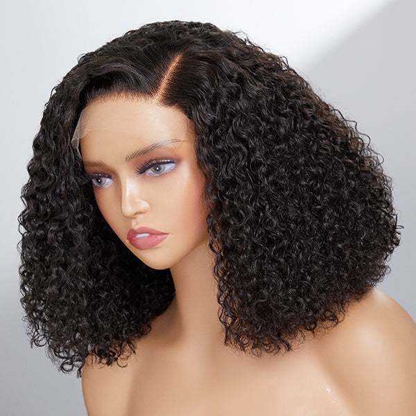 Full Kinky Curly 5x5 Closure HD Lace Glueless Side Part Neck Length Wig 100% Human Hair