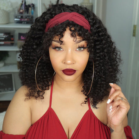 Throw On & Go Deep Wave No Lace Glueless Long Headband Wig 100% Human Hair (Get Free Trendy Headbands)