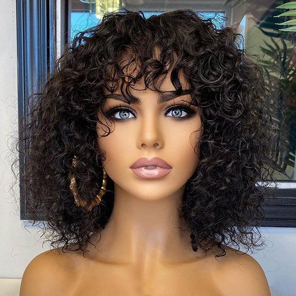 Beginner Friendly Water Wave Minimalist Lace Glueless Short Wig with Bangs