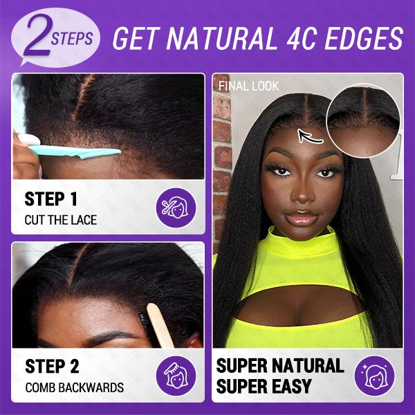 4C Edges | Natural Black  Kinky Edges Kinky Straight 5x5 Closure Glueless Long Wig 100% Human Hair