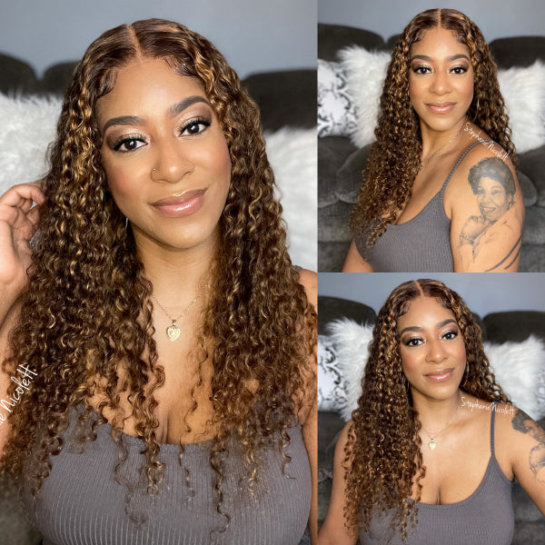 Mix Brown Deep Wave 4x4 Closure Lace Glueless Mid Part Long Wig 100% Human Hair