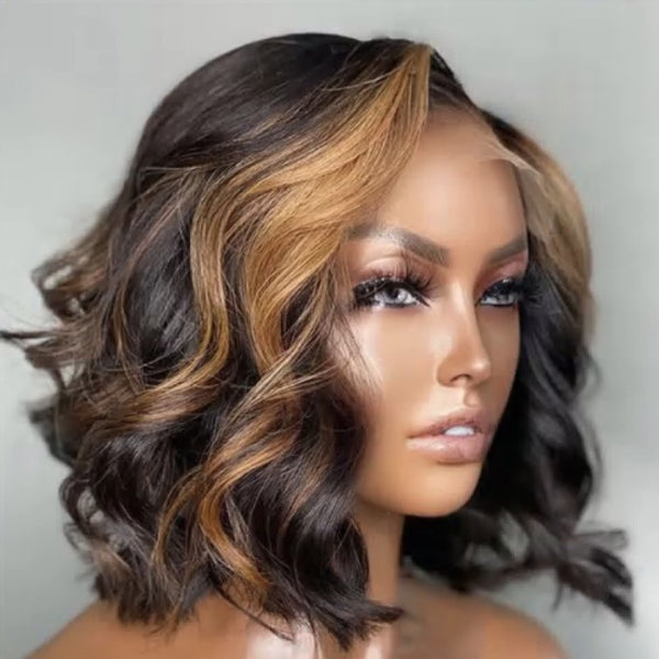 Blonde Mix Loose Wave 5x5 Closure HD Lace Glueless Side Part Short Wig