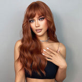 Long Wavy Human Hair Auburn Red Wigs with Bangs Hairs