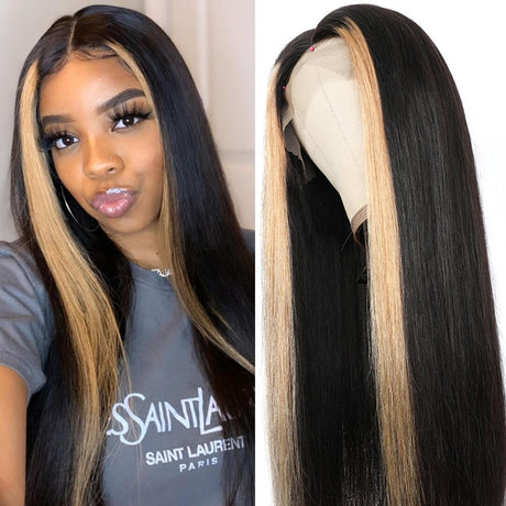 Skunk Stripe Wig With Honey Blonde Highlights Straight Hair HD Lace Front Wigs With Streaks In Front