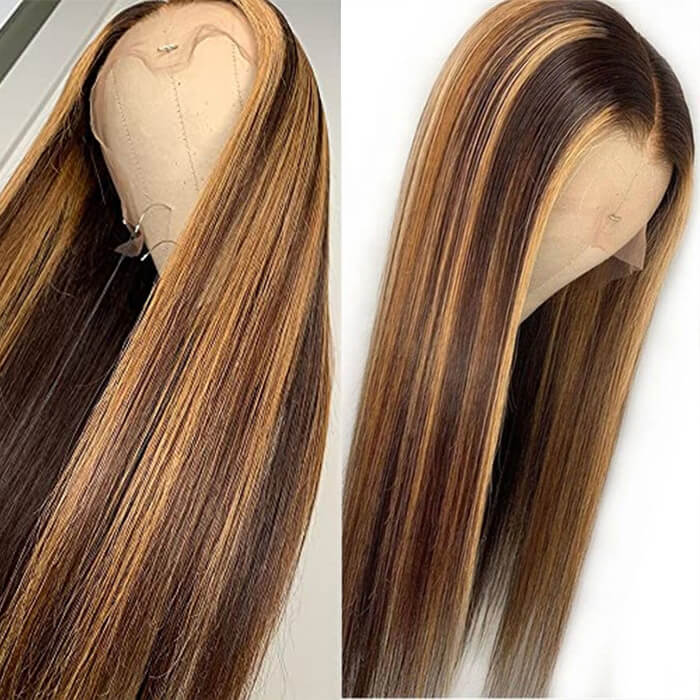 4/27 Honey Blonde Highlight Lace Front Wigs Ombre Color Jerry Curly Human Hair Wigs