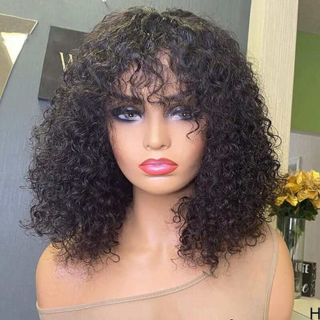 Glueless Affordable Short Bouncy Curly Wig with Bangs Human Hair Wigs For Women