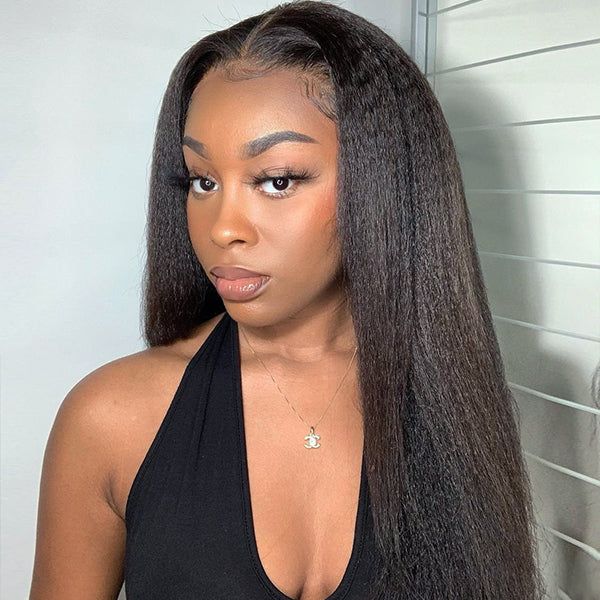 Kinky Straight Glueless Frontal Lace Wig Natural Density Human Hair