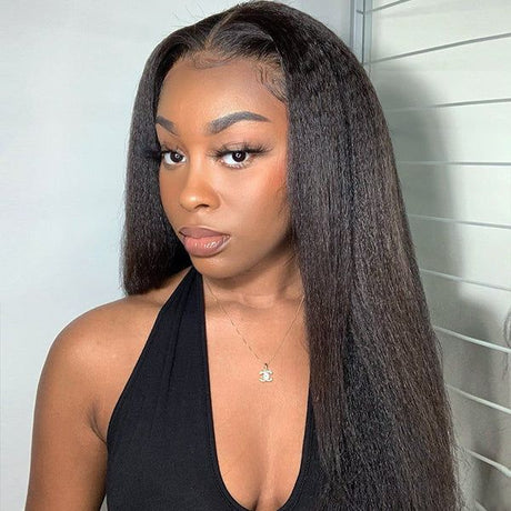 Kinky Straight Glueless Frontal Lace Wig Natural Density Human Hair