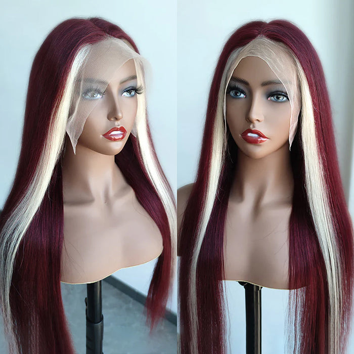 99J Burgundy Wig With Blonde Highlights Streaks Straight & Body Wave 13*4 HD Lace Front Wigs Human Hair