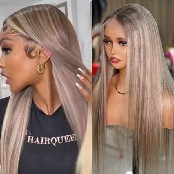 Exclusive #P18/613 Ash Blonde Highlight Color Lace Front Human Hair Wigs