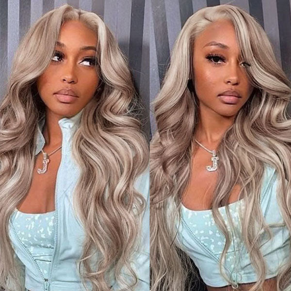 Exclusive #P18/613 Ash Blonde Highlight Color Lace Front Human Hair Wigs