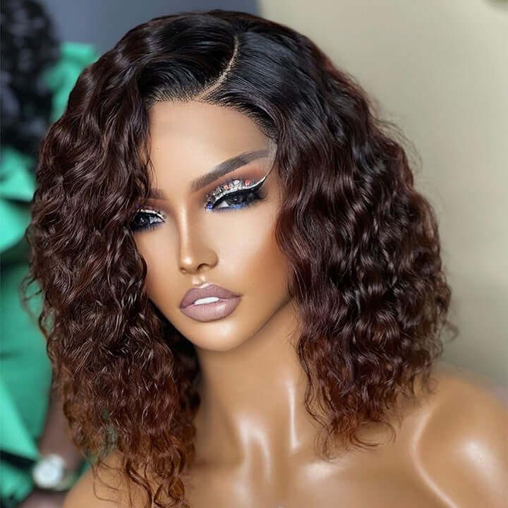 Ombre Dark Brown Color Short Bob Curly 13x4 Lace Front Wig Human Hair