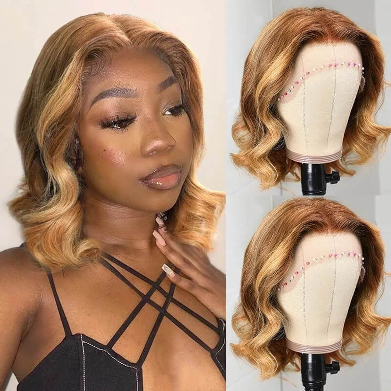 Blonde Balayage Highlights Color Celebrity Wave Bob Style Wigs 13x4 Lace Wigs Human Hair