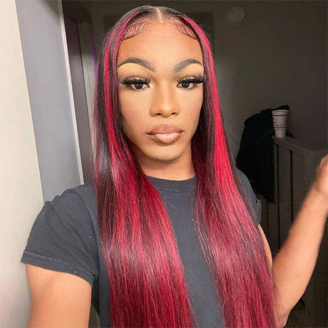 Straight Dark 99J Burgundy With Red Highlights 13x4 HD Lace Front Wigs Human Hair