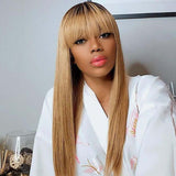 Honey Brown Ombre Bangs Human Hair Glueless 4x4 Lace Closure Wig