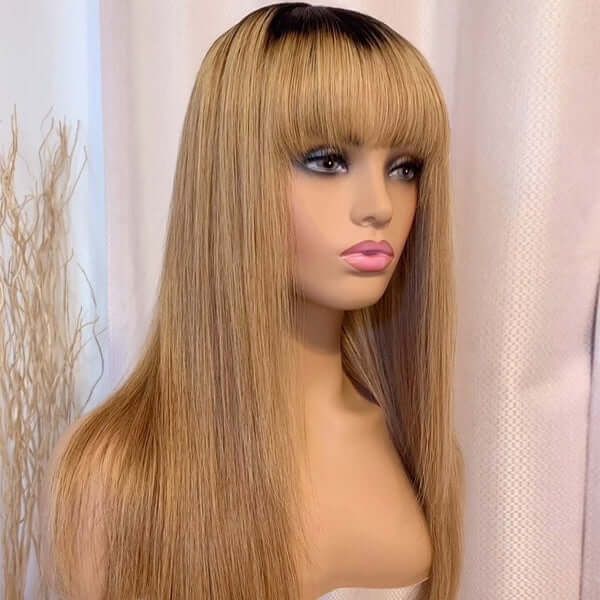 Honey Brown Ombre Bangs Human Hair Glueless 4x4 Lace Closure Wig