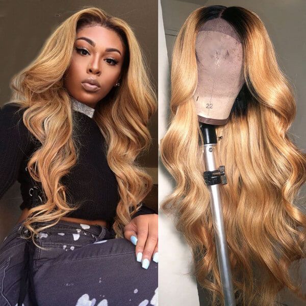 Body Wave #27 with Black Roots Honey Blonde Lace Front Wigs Human Hair